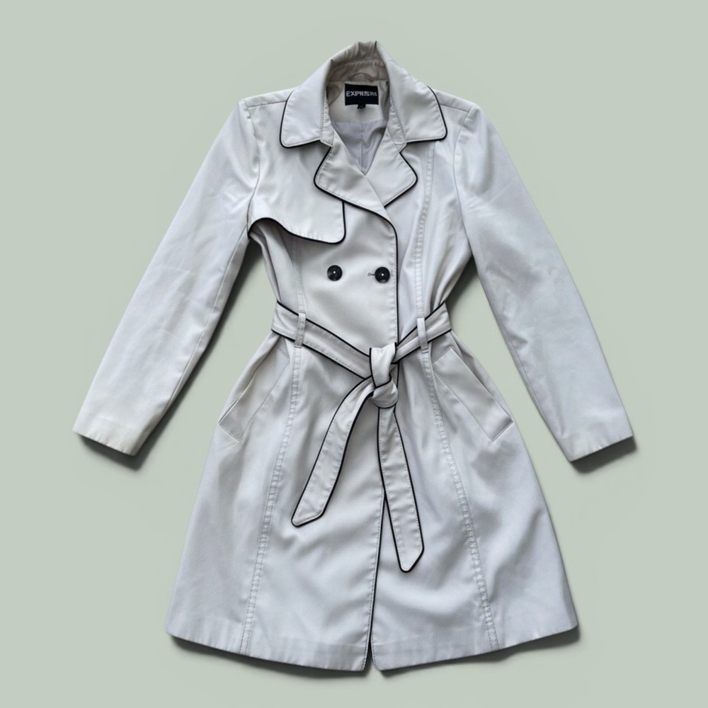 Express Trench Coat Womens Medium Cream Contrast Piping Belted Double Breast